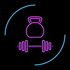 Kettlebell and dumbbell neon sign, modern glowing banner design, colorful modern design trends on black background. Vector illustration.