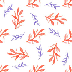 Seamless pattern with hand-drawn watercolor red and blue branches with leaves on white. Autumn season. Organic, natural, freshness concept for textile, print, etc.