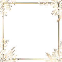 Square gold frame made of golden flowers, branches and herbs on a white background. Minimalism of forms in a square frame and abstraction. Leaves with plant flowers. Vector illustration.