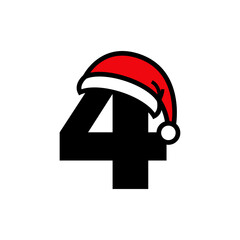 Logotipo con número 4 con silueta lineal de sombrero de Papá Noel en color negro y rojo, para su uso en invitaciones y tarjetas de felicitación