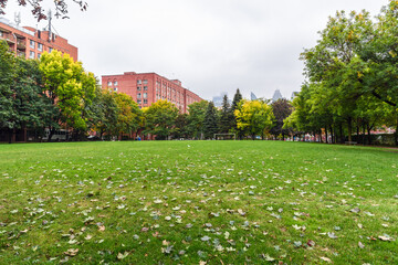 Deserted football pitch in a public park in a residential district on a foggy autumn day. Toronto, Canada. © alpegor