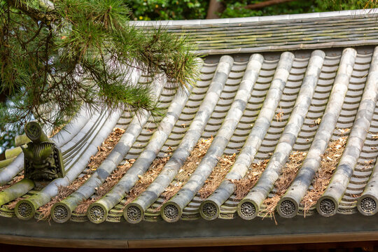 autumn fallen leaves on the roof of the temple in japanese garden © Yuichi Mori