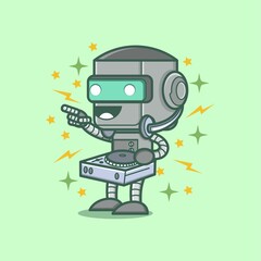 Naklejka premium cute cartoon robot character being a dj. vector illustration for mascot logo or sticker