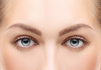 female  blue eyes with makeup and long eyelashes