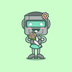 cute cartoon feminine robot character carrying flowers. vector illustration for mascot logo or sticker