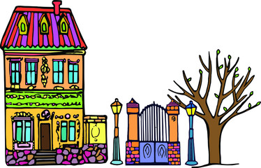 Vector hand drawn doodle house, colored doodle, cozy home, building, cottage,two floors building
