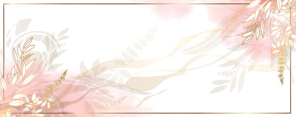 Luxurious golden wallpaper. Banner with flowers and long twigs. Watercolor pink, blue, lilac spots on a white background. Shiny flowers and twigs. Vector file.