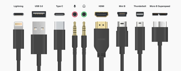 Black Cables Wires USB HDMI Lightning Type C Mini B Mini Jack vector illustration - obrazy, fototapety, plakaty