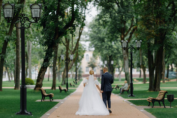 Newlyweds walk along the trees alley in the park. Wedding day in summer.