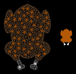 Glossy polygonal mesh net fried chicken body icon with glow effect on a black background. Constellation fried chicken body iconic vector with illuminated spheres in magic colors.