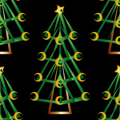 Patrón de árbol de Navidad trazado en verde y dorado sobre fondo negro
