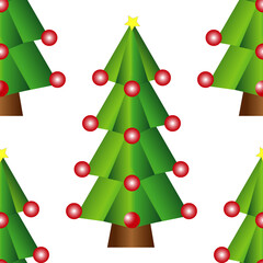Fototapeta premium Patrón de árbol de Navidad verde con bolas rojas y estrella amarilla sobre fondo blanco. Patrón de pino de Navidad sobre fondo blanco