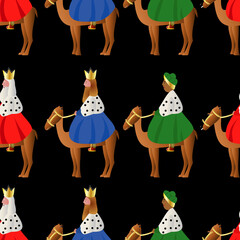 Patrón de los tres Reyes magos vestido de rojo, azul y verde sobre fondo negro. Patrón navideño de los tres Reyes Magos con los camellos sobre fondo negro