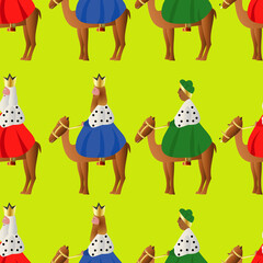 Fototapeta premium Patrón de los tres Reyes magos vestido de rojo, azul y verde sobre fondo verde. Patrón navideño de los tres Reyes Magos con los camellos sobre fondo verde