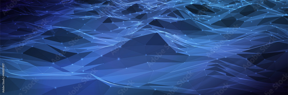 Poster abstract blue background. dark low poly triangle pattern. virtual computer landscape. technology sty