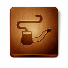 Brown Smoking pipe with smoke icon isolated on white background. Tobacco pipe. Wooden square button. Vector