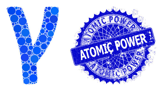 Gamma Greek lowercase symbol vector collage of round dots in various sizes and blue color shades, and grunge Atomic Power stamp seal. Blue round sharp rosette stamp includes Atomic Power text inside.