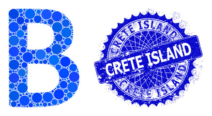 Beta Greek symbol vector collage of dots in different sizes and blue color shades, and scratched Crete Island stamp seal. Blue round sharp rosette stamp includes Crete Island caption inside it.