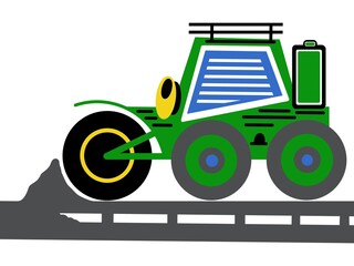 Large construction equipment. Commercial vehicles for construction work. Excavator, tractor, bulldozer, asphalt paver, concrete mixer, loader, telehandler. Digital illustration