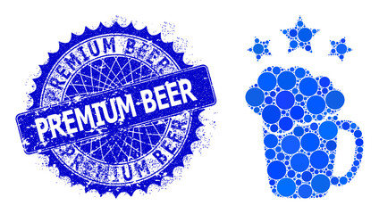 Beer mug rating vector mosaic of dots in various sizes and blue color tints, and rubber Premium Beer stamp seal. Blue round sharp rosette stamp seal contains Premium Beer tag inside.