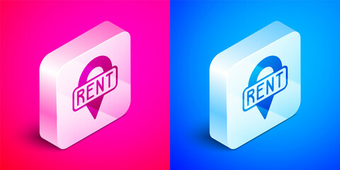 Isometric Location key icon isolated on pink and blue background. The concept of the house turnkey. Silver square button. Vector