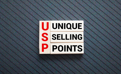 USP -Unique Selling Proposition text with keywords isolated on white board background.
