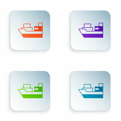 Color Cargo ship with boxes delivery service icon isolated on white background. Delivery, transportation. Freighter with parcels, boxes, goods. Set colorful icons in square buttons. Vector