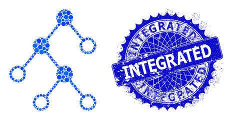 Binary chart nodes vector composition of circle dots in various sizes and blue color hues, and distress Integrated stamp seal. Blue round sharp rosette stamp seal contains Integrated text inside it.