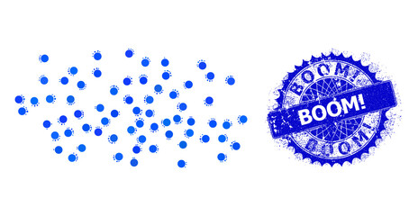 Fog particles vector composition of small circles in various sizes and blue color hues, and rubber Boom! stamp seal. Blue round sharp rosette seal has Boom! text inside it.