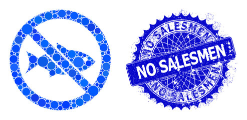 Forbidden fish vector composition of round dots in variable sizes and blue color tinges, and textured No Salesmen stamp. Blue round sharp rosette stamp seal includes No Salesmen title inside.