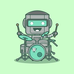 cute cartoon robot character playing drums. vector illustration for mascot logo or sticker