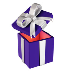 Open gift box of dark blue color, 3d render. 3D gift box with a white bow, isolated on a white background