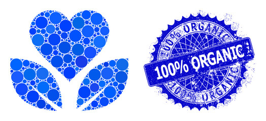 Eco life vector collage of circle dots in various sizes and blue color tints, and rubber 100% Organic badge. Blue round sharp rosette badge contains 100% Organic caption inside.