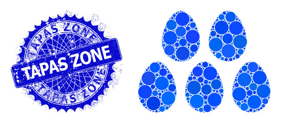 Eggs vector mosaic of dots in variable sizes and blue color hues, and rubber Tapas Zone stamp seal. Blue round sharp rosette stamp seal has Tapas Zone caption inside it.