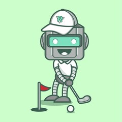 cute cartoon robot character playing golf. vector illustration for mascot logo or sticker