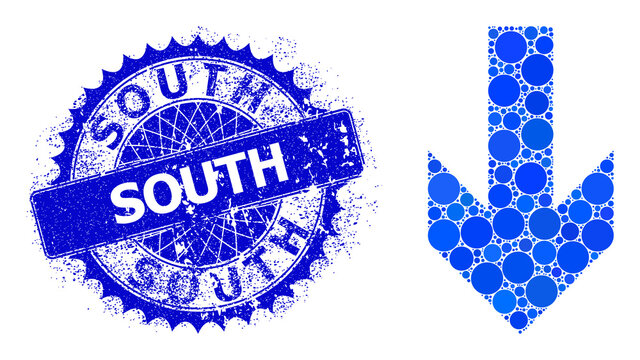 Down arrow direction vector composition of round dots in different sizes and blue color tints, and grunge South seal. Blue round sharp rosette stamp seal contains South text inside it.