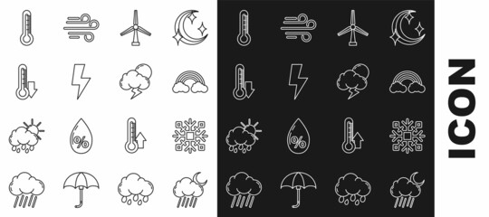 Set line Cloud with rain and moon, Snowflake, Rainbow clouds, Wind turbine, Lightning bolt, Thermometer, and Storm icon. Vector