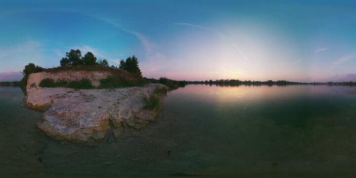Morning Lake. Sammer Evening Panorama. High quality 360 VR footage