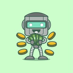 cute cartoon robot character rich with money and coins. vector illustration for mascot logo or sticker