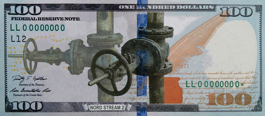 US dollar with a picture of a crane from an oil and gas pipeline. The Nord Stream 2 concept.