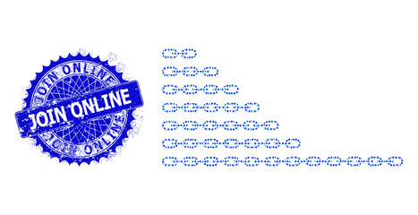 Chains vector mosaic of small circles in variable sizes and blue color shades, and scratched Join Online seal. Blue round sharp rosette stamp contains Join Online caption inside it.