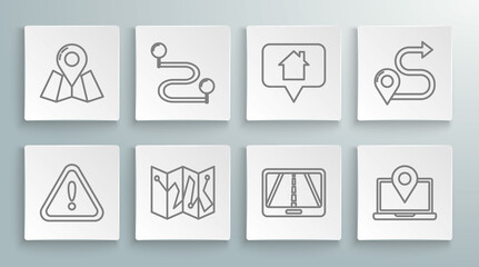Set line Exclamation mark in triangle, Route location, Folded map with marker, Infographic of city navigation, Laptop, Map pointer house, and icon. Vector