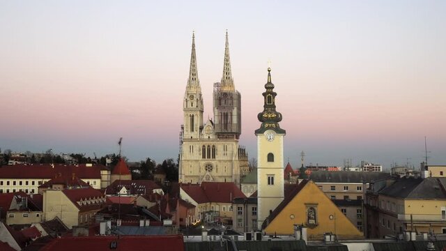 View of the old town of Zagreb with Zagreb Cathedral from Gradec at sunset, sunrise