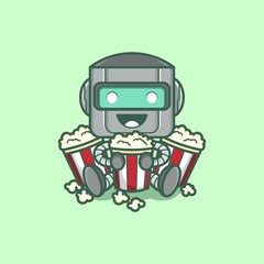 Fototapeta na wymiar cute cartoon robot character with popcorn. vector illustration for mascot logo or sticker