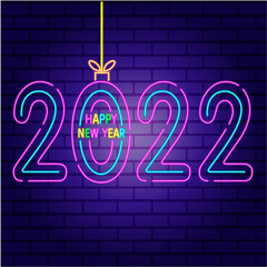 Vector colorful digital symbol for New Year 2022 from multicolored neon lights isolated on brick wall.