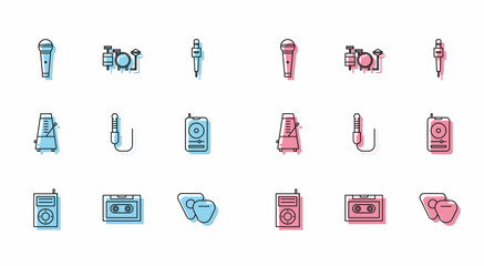 Set line Music MP3 player, Retro audio cassette tape, Microphone, Guitar pick, Audio jack, Metronome with pendulum in motion and Drums icon. Vector