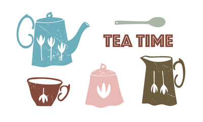 A set of vector images of utensils for tea drinking: teapot, cup, spoon, sugar bowl, jug. Isolated. Tea ceremony, tea, traditions. Retro, grunge, illustration, flat, minimalism. Colored on a white 