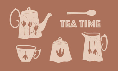 A set of vector images of utensils for tea: teapot, cup, spoon, sugar bowl, jug. Isolated. Tea ceremony, tea, traditions. Retro, grunge, illustration, flat, minimalism. Beige on a brown background.