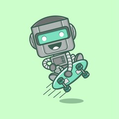 cute cartoon robot character playing skateboard. vector illustration for mascot logo or sticker