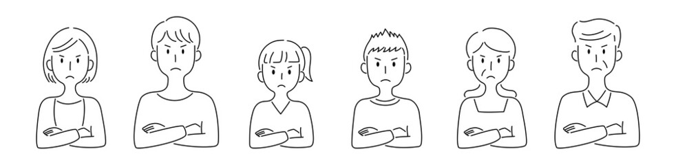 腕を組んで怒った顔をする家族のベクターイラスト
